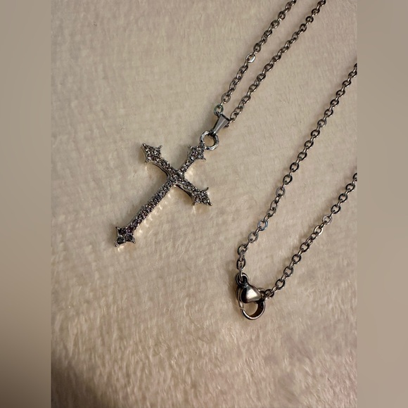 Silver Tone Crystal Cross Pendant Necklace & Drop Dangle Earrings Set Elegant - Picture 6 of 11